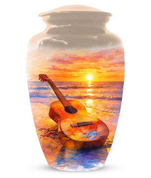 Guitar Urn for Ashes, Beach Sunset Cremation Urn, Custom Memorial Urn, Music Lover Urn
