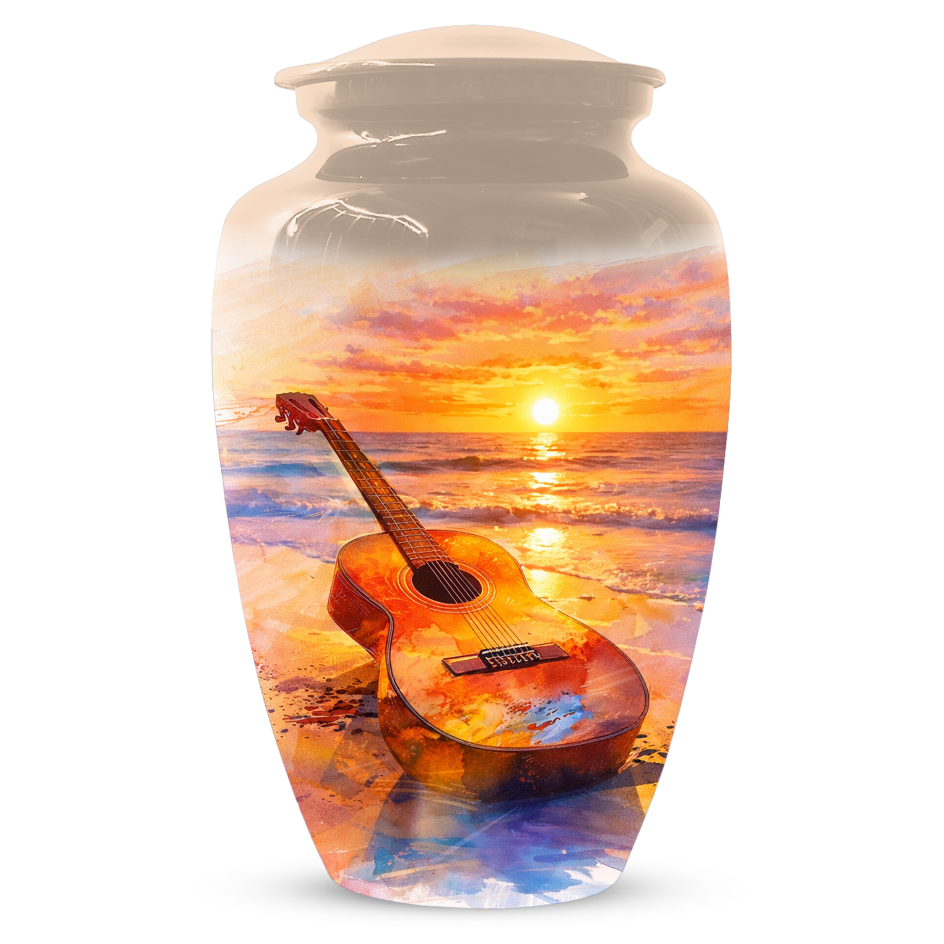 Guitar Urn for Ashes, Beach Sunset Cremation Urn, Custom Memorial Urn, Music Lover Urn