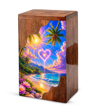 Tropical Beach Wooden Cremation Urn – Heart Sky Memorial Urn with Ocean Sunset Design