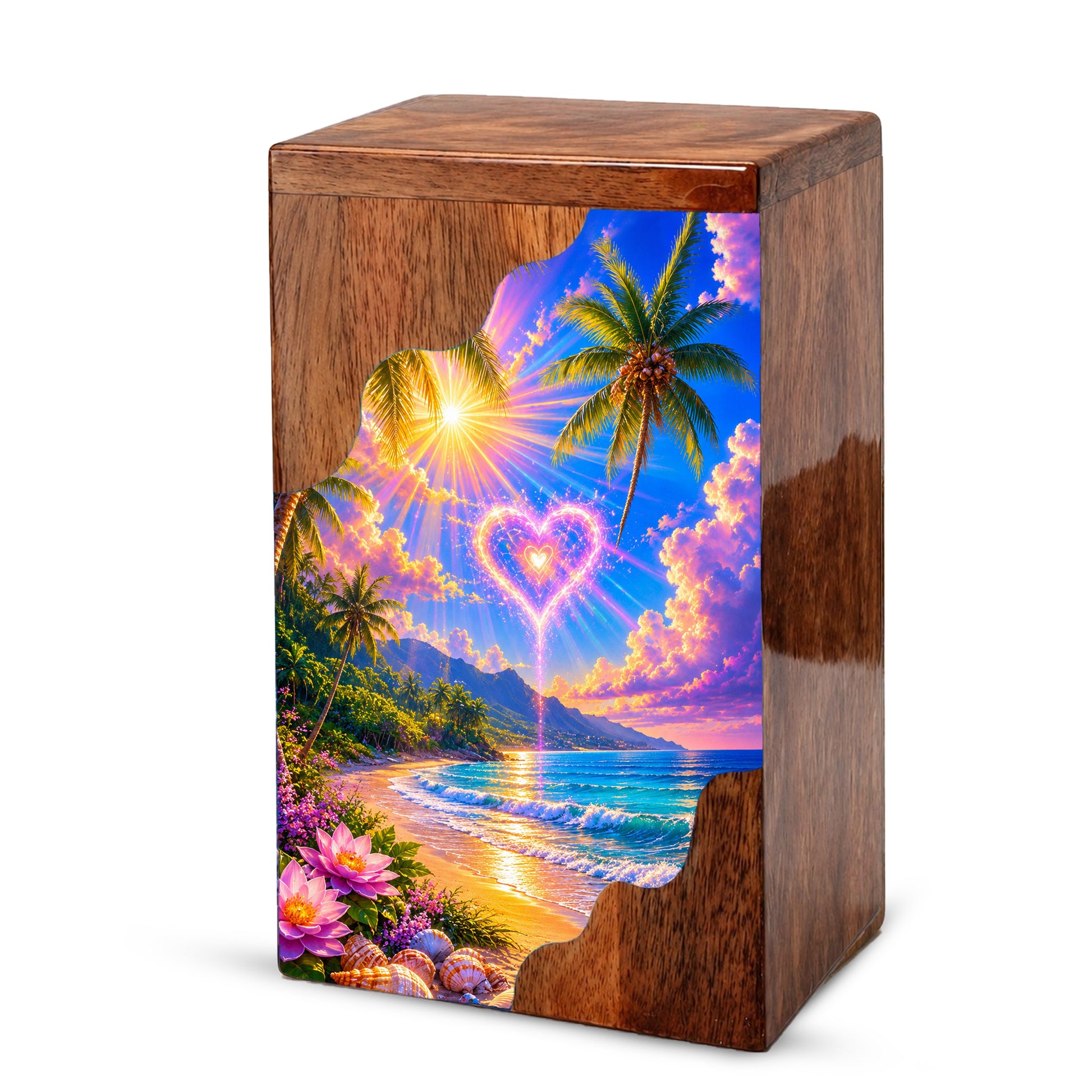 Tropical Beach Wooden Cremation Urn – Heart Sky Memorial Urn with Ocean Sunset Design