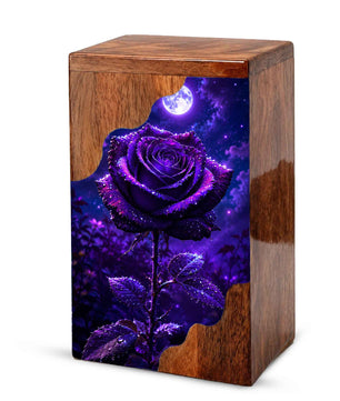 Moonlit Purple Rose Wooden Cremation Urn – Floral Memorial Urn for Human Ashes