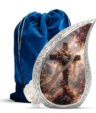 Christian Cross Adult Urn for Ashes | Floral Cross Adult Cremation Urn for Human Ashes