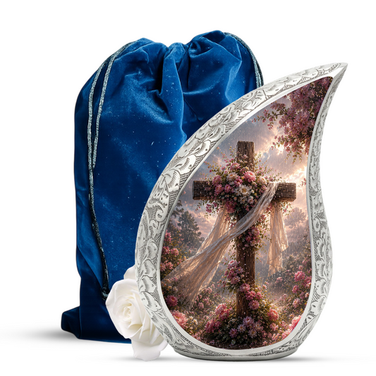 Christian Cross Adult Urn for Ashes | Floral Cross Adult Cremation Urn for Human Ashes
