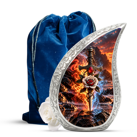 Sword and Rose Cremation Urn for Dad - Gothic Memorial Urn for Ashes