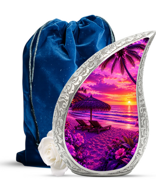 Beach Urns for Human Ashes – Purple Tropical Sunset Beach Themed Cremation Urn with Palm Trees