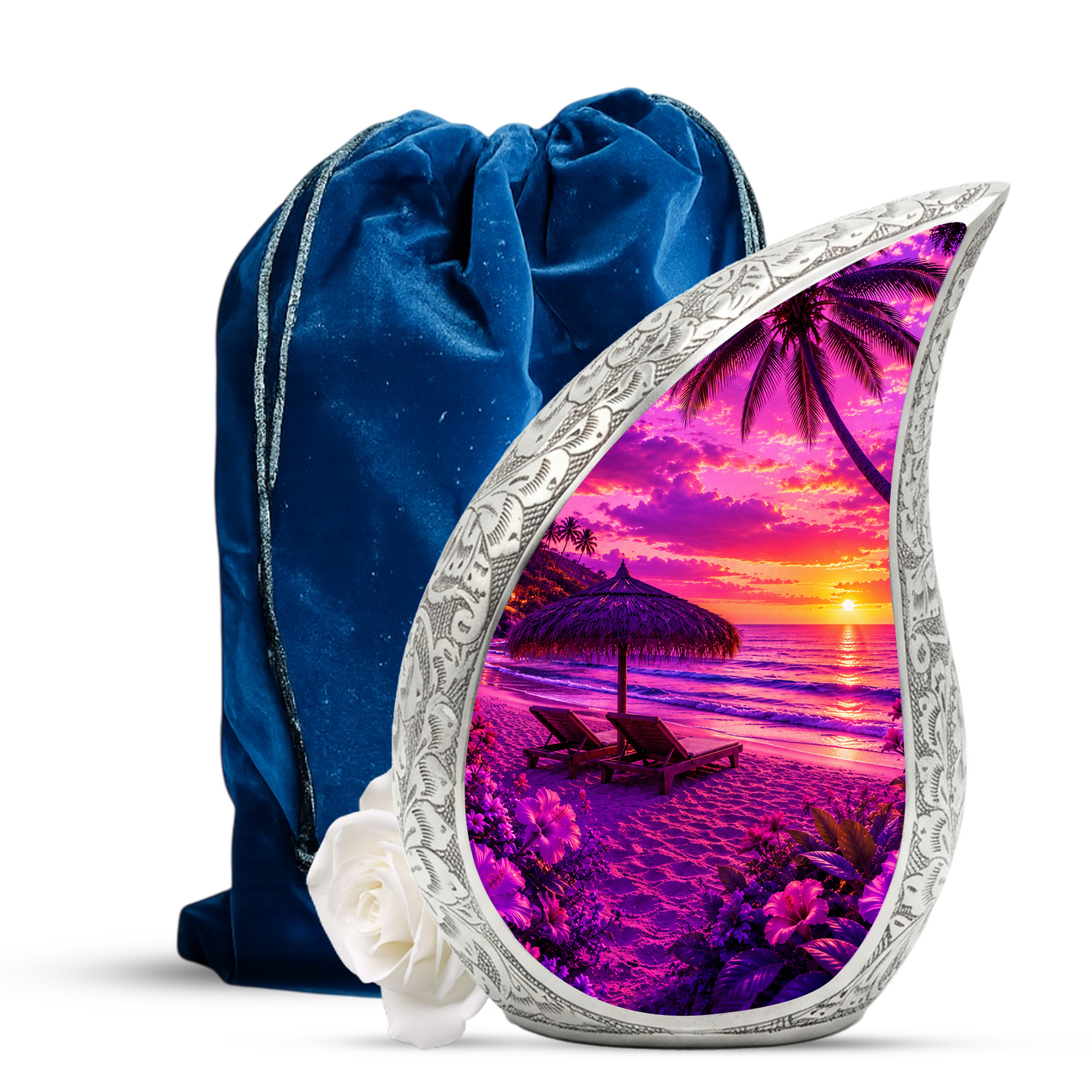Beach Urns for Human Ashes – Purple Tropical Sunset Beach Themed Cremation Urn with Palm Trees