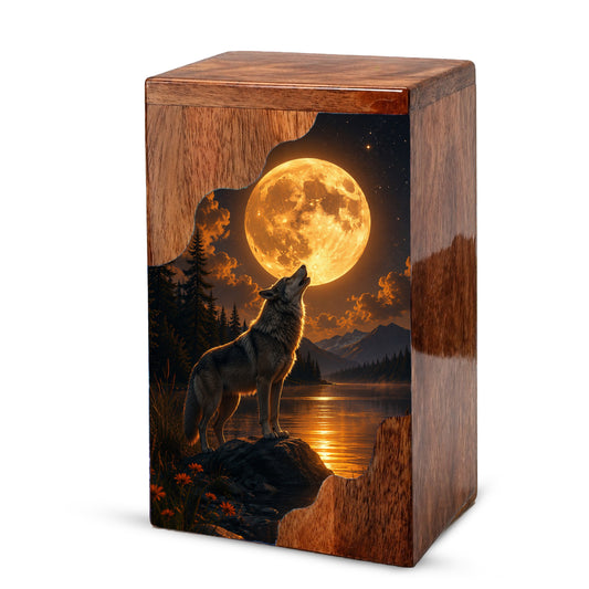 Wolf Moon Wooden Cremation Urn – Personalized Memorial Urn for Human Ashes