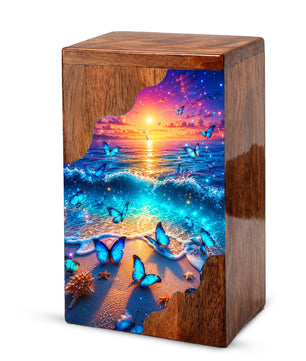 Coastal Butterfly Wooden Cremation Urn – Butterfly Memorial Urn for Human Ashes