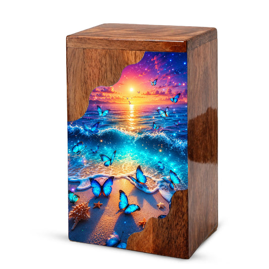Coastal Butterfly Wooden Cremation Urn – Butterfly Memorial Urn for Human Ashes