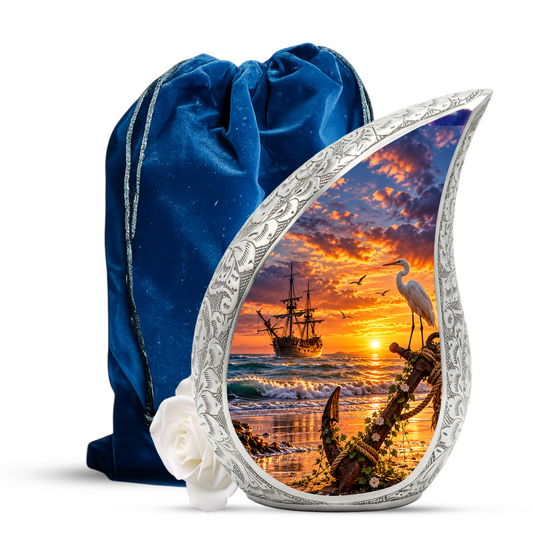 Nautical Cremation Urn for Adult Ashes, Ocean Sunset Memorial Urn, Ship and Anchor Urn, Coastal Urn for Dad