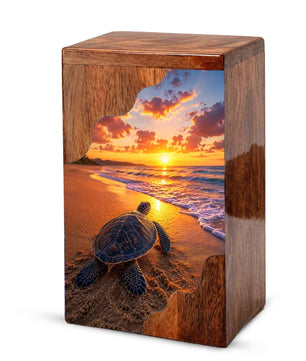 Sea Turtle Sunset Wooden Cremation Urn – Adult Wooden Urn for Human Ashes | Beach Memorial Urn