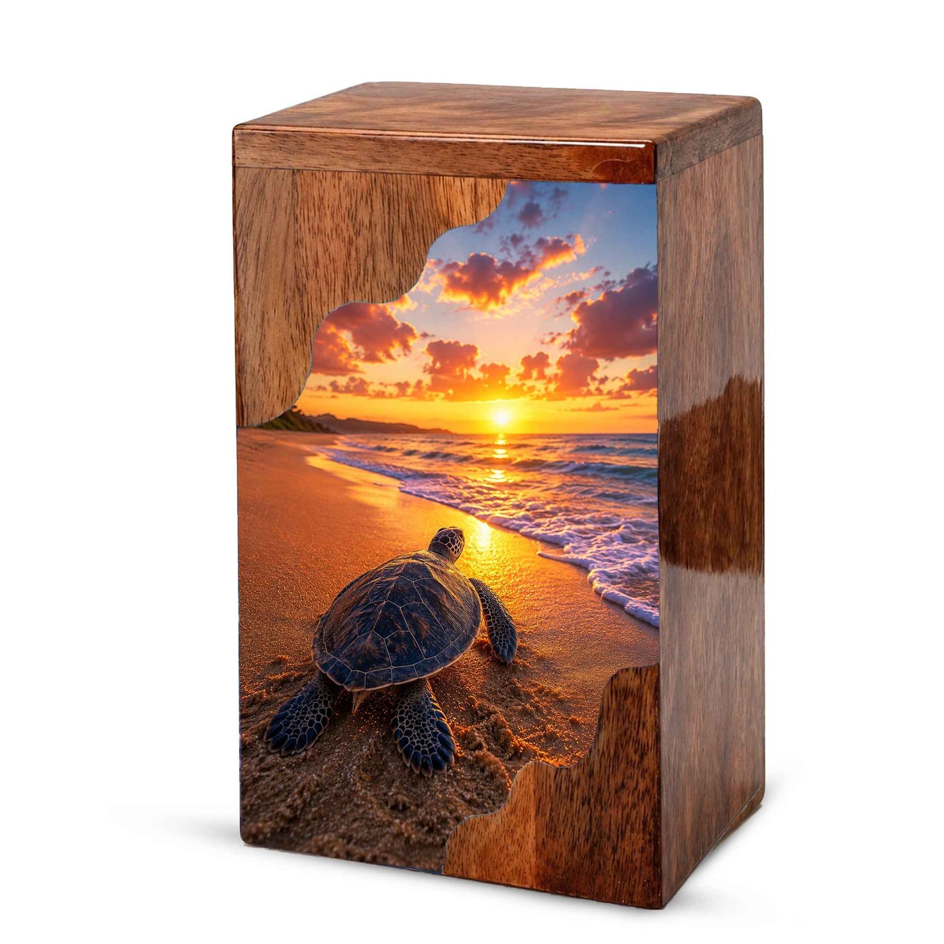 Sea Turtle Sunset Wooden Cremation Urn – Adult Wooden Urn for Human Ashes | Beach Memorial Urn