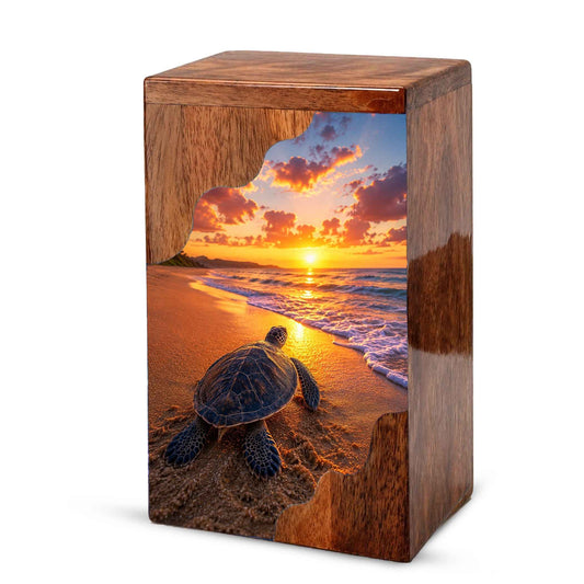 Sea Turtle Sunset Wooden Cremation Urn – Adult Wooden Urn for Human Ashes | Beach Memorial Urn