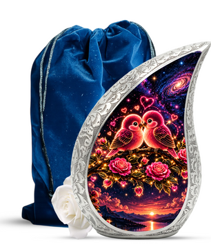 Love Birds Urn for Ashes, Romantic Bird Aluminum Cremation Urn