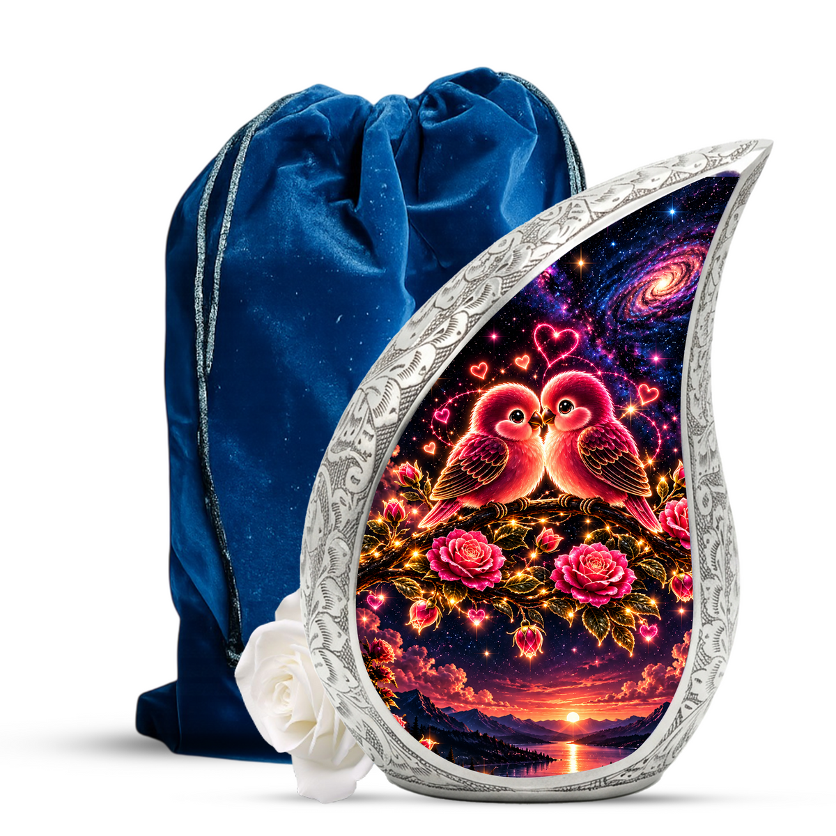 Love Birds Urn for Ashes, Romantic Bird Aluminum Cremation Urn