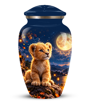 Personalized Adult Cremation Urn for Ashes, Baby Lion Under Golden Moon Memorial Urn