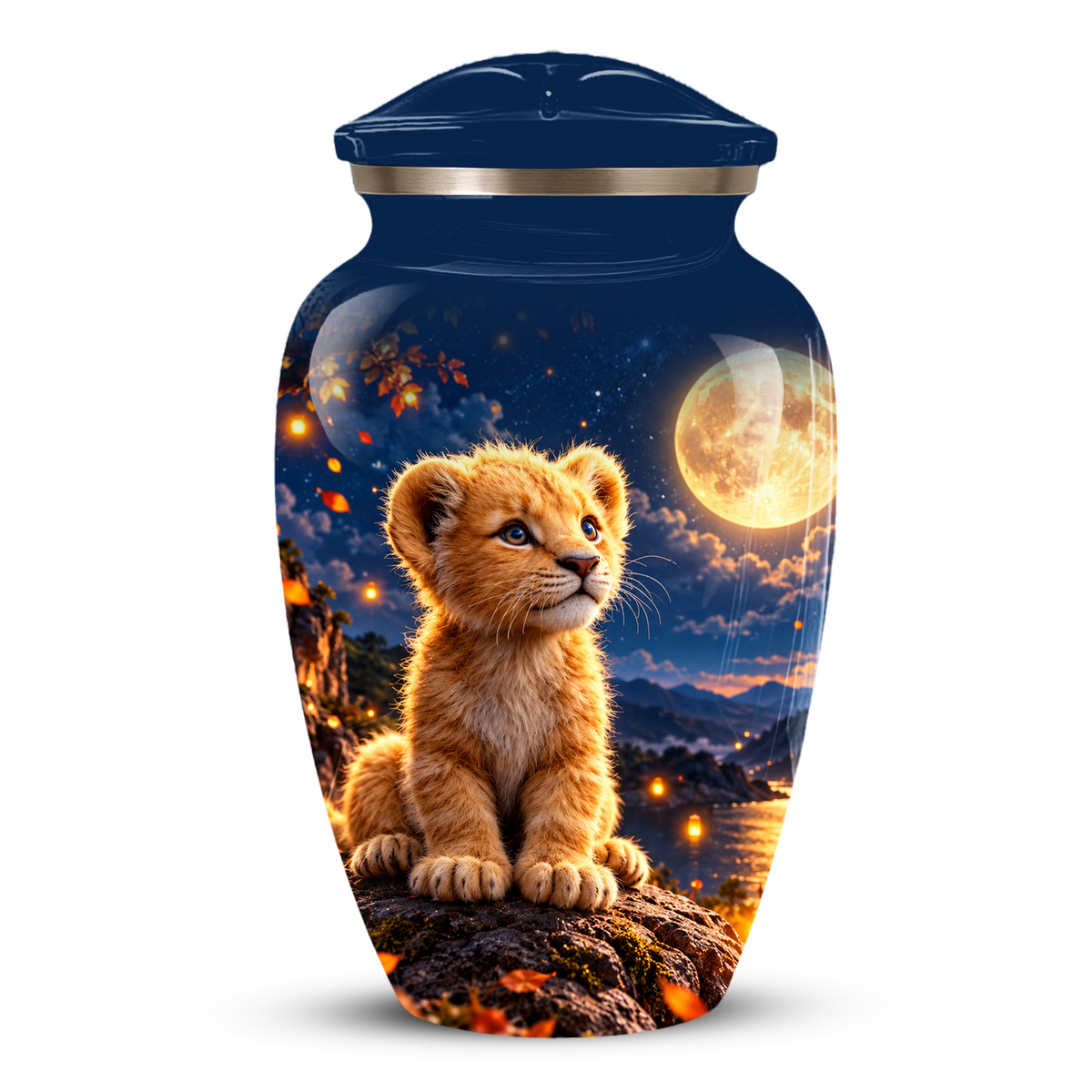 Personalized Adult Cremation Urn for Ashes, Baby Lion Under Golden Moon Memorial Urn