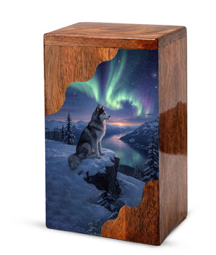 Wolf Wooden Cremation Urn – Northern Lights Memorial Urn | Custom Wooden Urn for Human Ashes