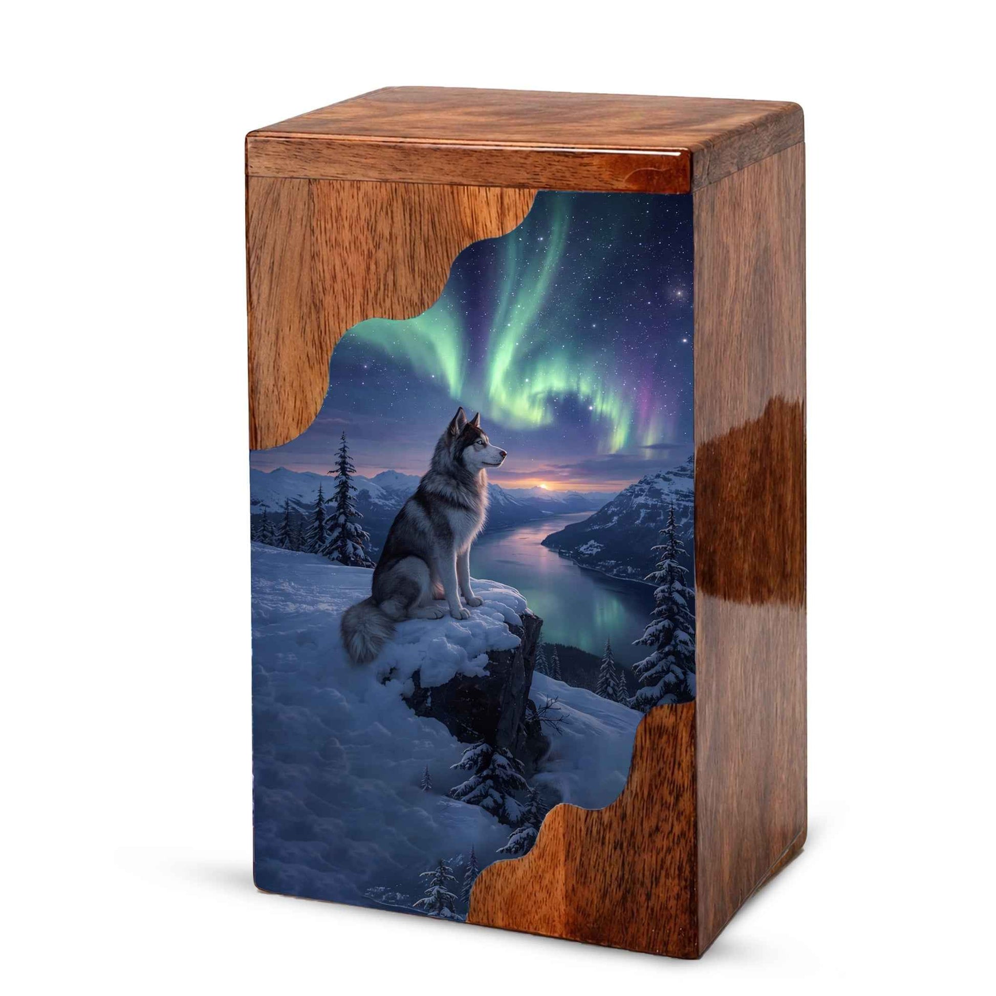 Wolf Wooden Cremation Urn – Northern Lights Memorial Urn | Custom Wooden Urn for Human Ashes
