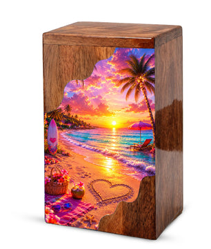 Beach Wooden Cremation Urn – Tropical Sunset Memorial Urn | Wooden Urn for Human Ashes