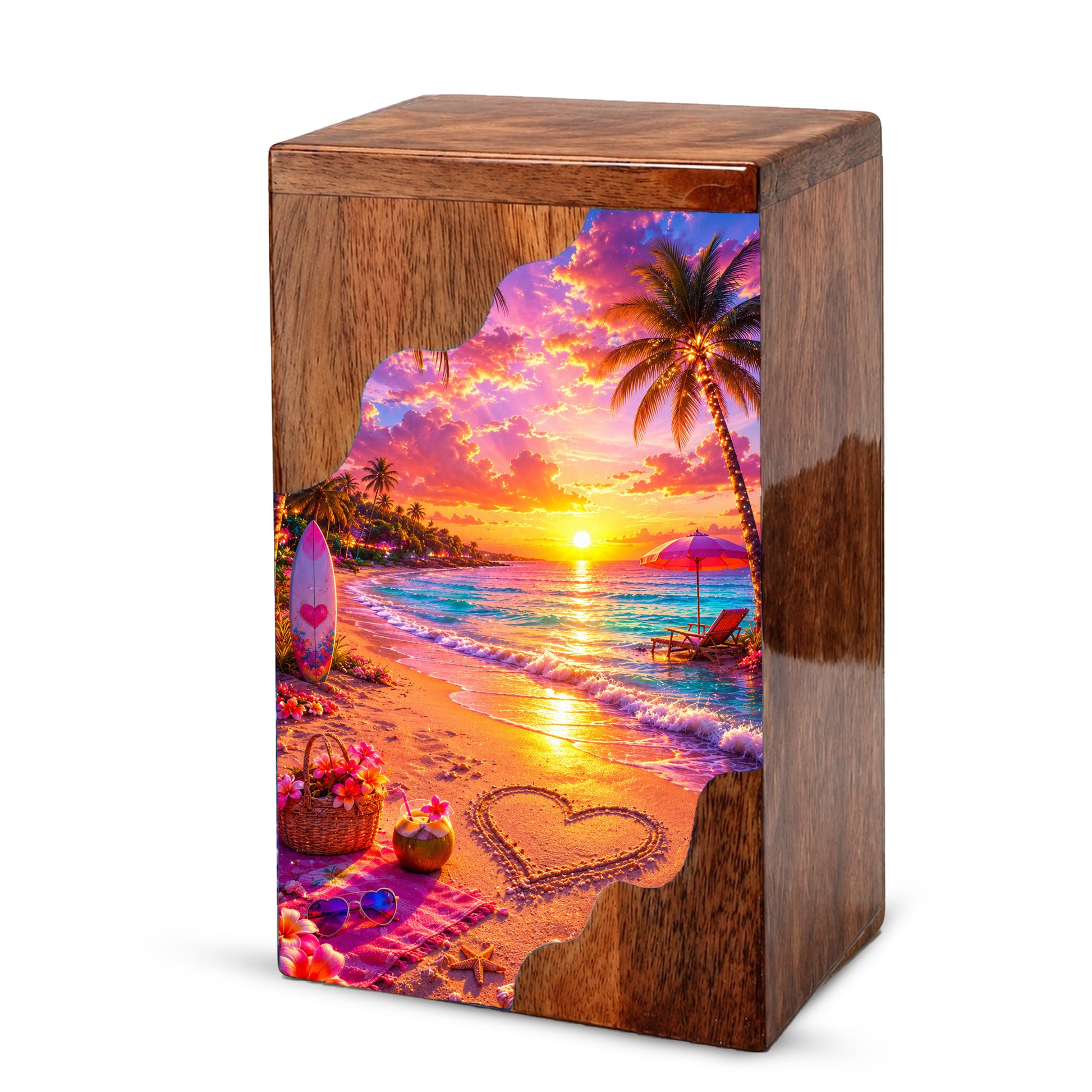Beach Wooden Cremation Urn – Tropical Sunset Memorial Urn | Wooden Urn for Human Ashes