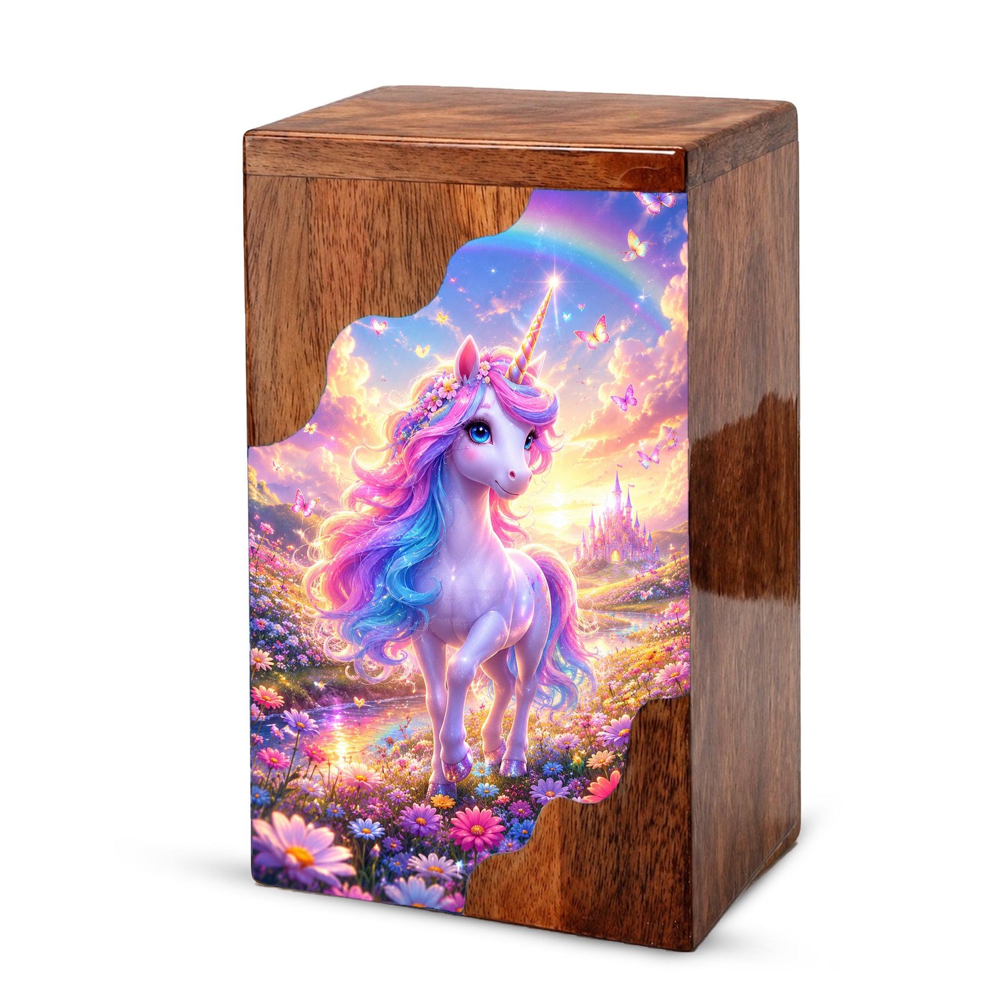 Unicorn Rainbow Wooden Cremation Urn – Wooden Urn for Human Ashes