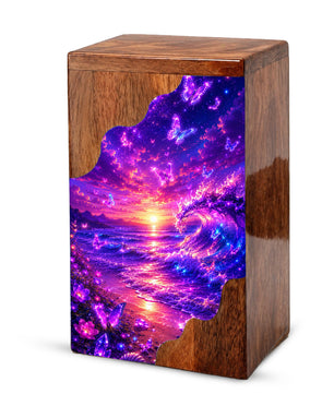 Butterfly Ocean Wooden Cremation Urn – Beach Theme Wooden Urn for Human Ashes