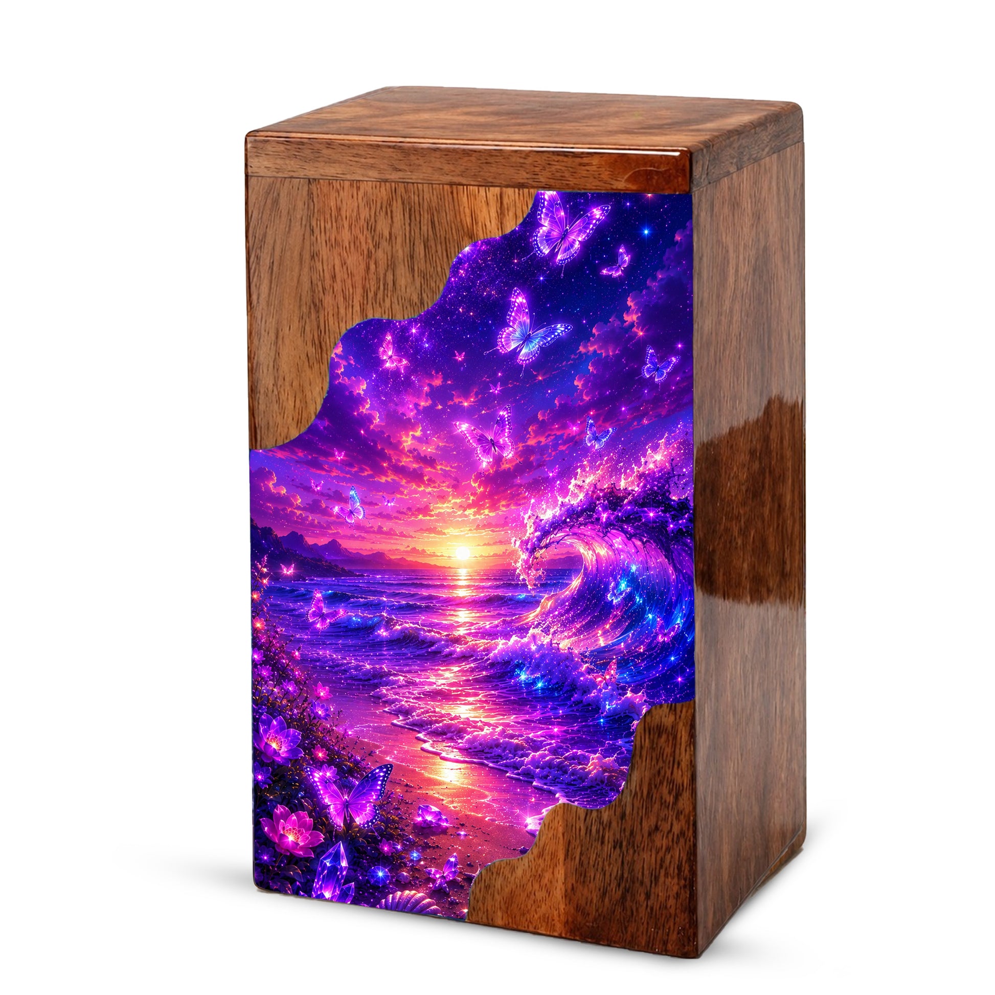 Butterfly Ocean Wooden Cremation Urn – Beach Theme Wooden Urn for Human Ashes