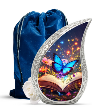 Butterfly Personalized Cremation Urn – Teardrop Style Aluminum Memorial Urn, 10 Inch