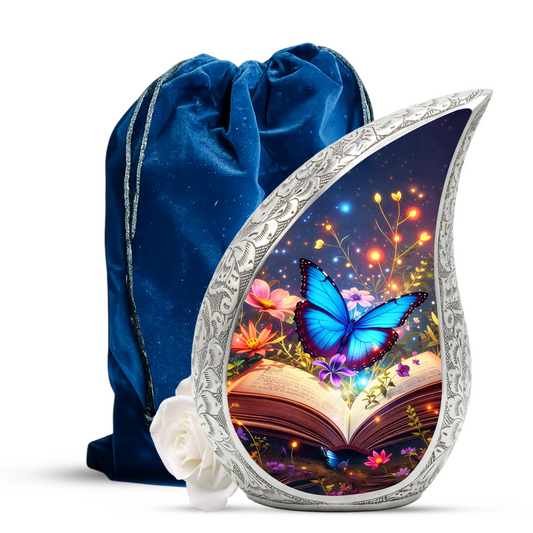 Butterfly Personalized Cremation Urn – Teardrop Style Aluminum Memorial Urn, 10 Inch
