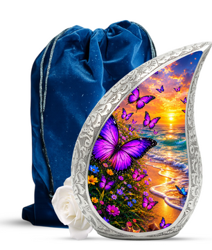 Purple Butterfly Memorial Urn for Mom, Beach Butterfly Cremation Urn for Ashes
