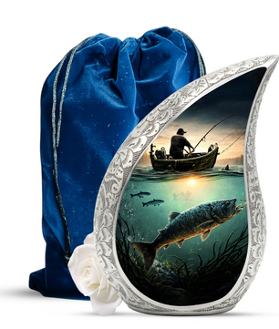 Fishing Personalized Cremation Urn – Teardrop Style Aluminum Memorial Urn, 10 Inch