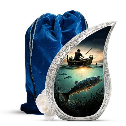 Fishing Personalized Cremation Urn – Teardrop Style Aluminum Memorial Urn, 10 Inch