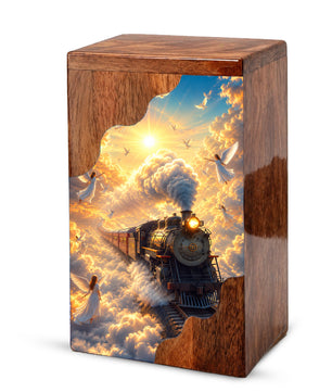 Heaven Bound Train Wooden Cremation Urn – Angel Memorial Urn | Wooden Urn for Human Ashes