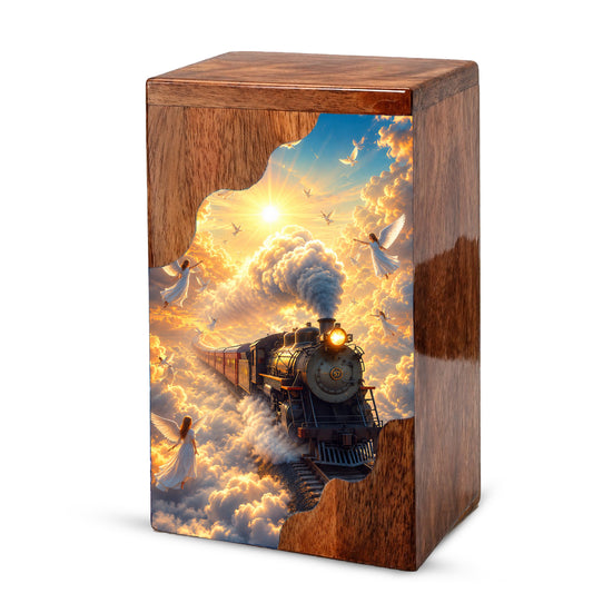 Heaven Bound Train Wooden Cremation Urn – Angel Memorial Urn | Wooden Urn for Human Ashes