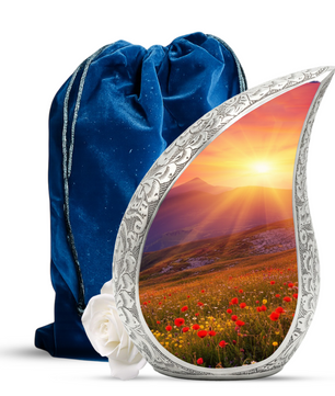 Sunrise Personalized Cremation Urn – Teardrop Style Aluminum Memorial Urn, 10 Inch
