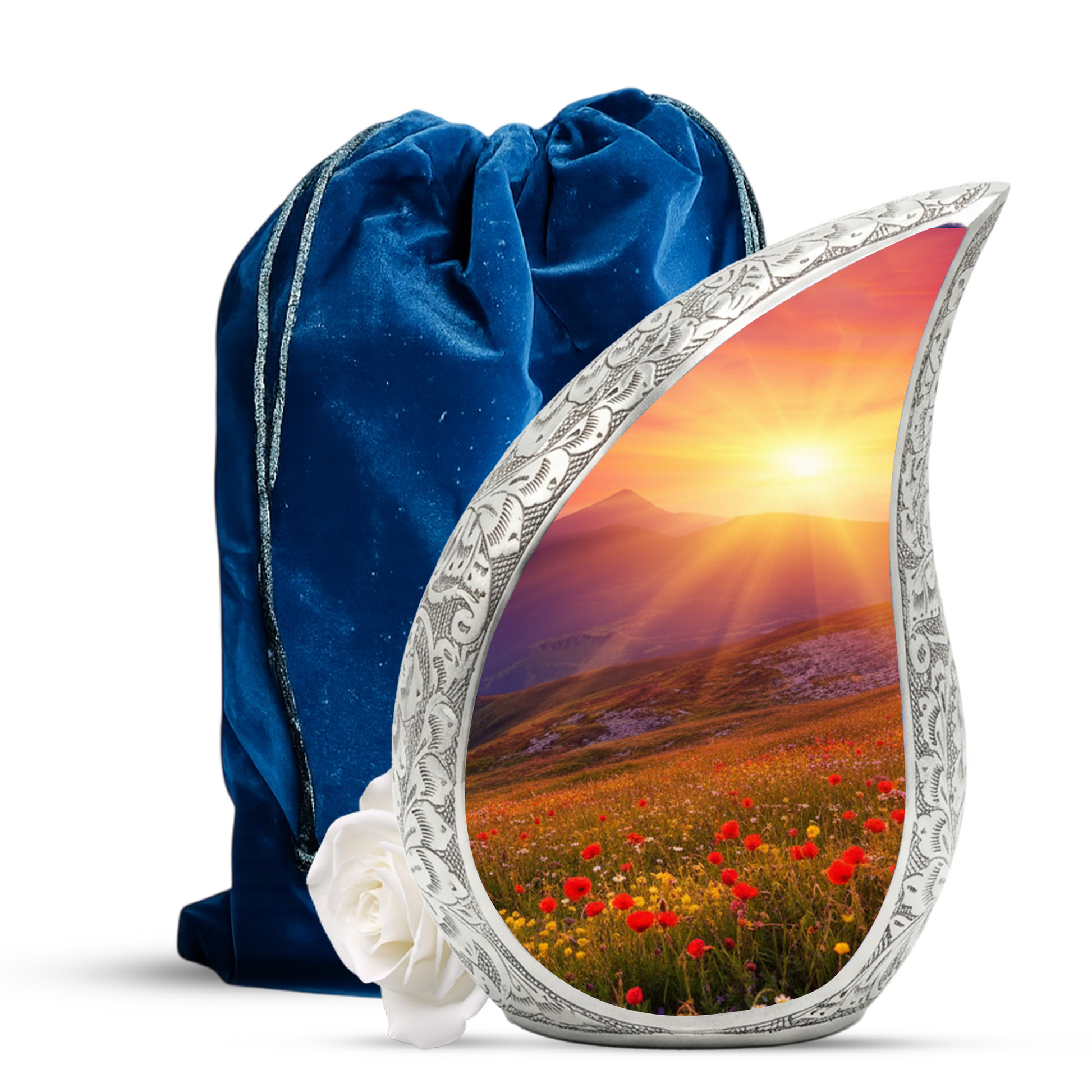 Sunrise Personalized Cremation Urn – Teardrop Style Aluminum Memorial Urn, 10 Inch
