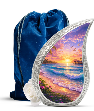 Personalized Beach Cremation Urn – Custom Ocean Sunset Memorial Urn for Ashes, Tropical Beach Teardrop Aluminum Adult Urn, 10 Inch |