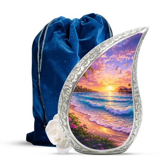Personalized Beach Cremation Urn – Custom Ocean Sunset Memorial Urn for Ashes, Tropical Beach Teardrop Aluminum Adult Urn, 10 Inch |