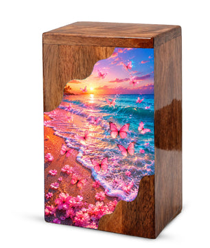 Pink Butterfly Beach Wooden Cremation Urn – Sunset Ocean Memorial Urn for Mom