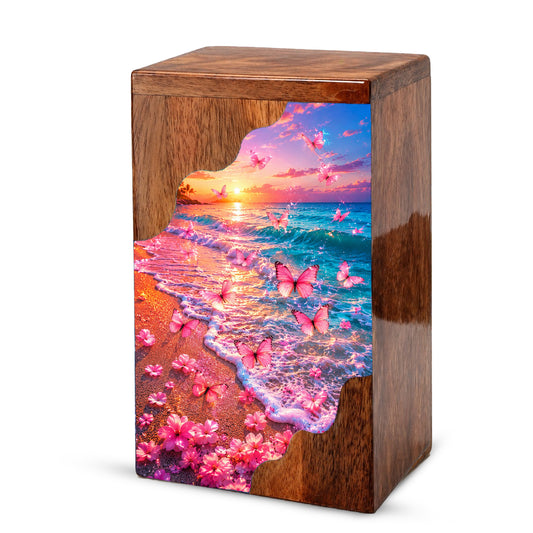Pink Butterfly Beach Wooden Cremation Urn – Sunset Ocean Memorial Urn for Mom