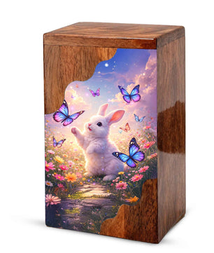 Wooden Cremation Urn – Rabbit Memorial Urn | Butterfly Garden Wooden Urn for Human Ashes