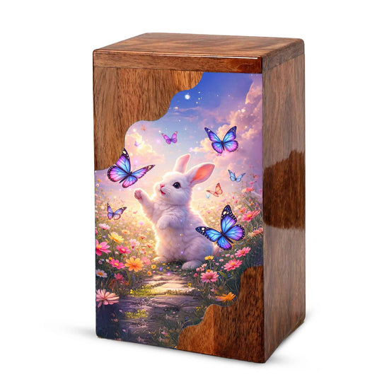 Wooden Cremation Urn – Rabbit Memorial Urn | Butterfly Garden Wooden Urn for Human Ashes