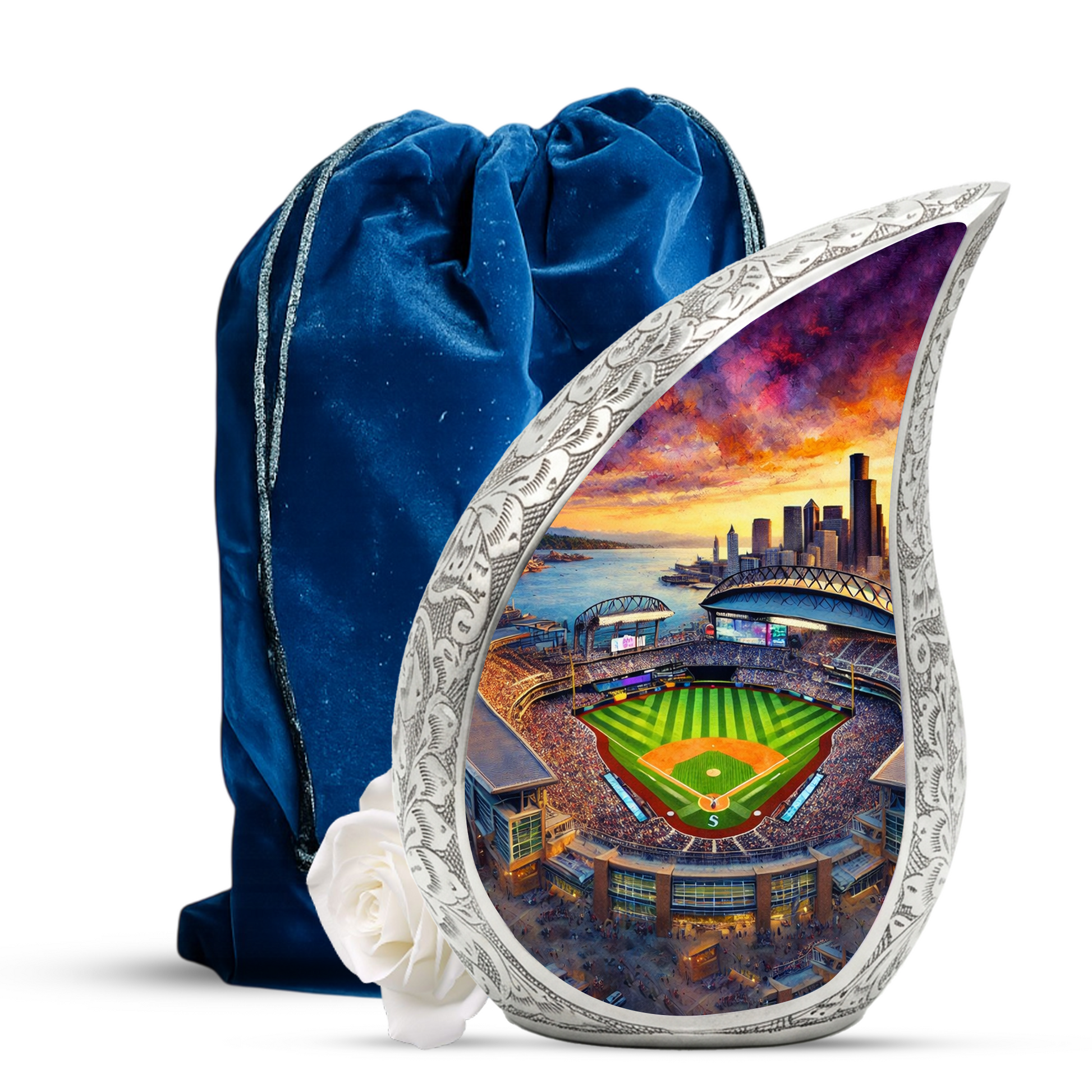 Baseball Stadium Personalized Cremation Urn – Teardrop Style Aluminum Memorial Urn, 10 Inch