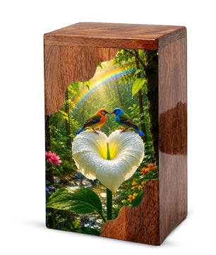 Rainbow Birds Wooden Cremation Urn – Personalized Memorial Urn for Human Ashes