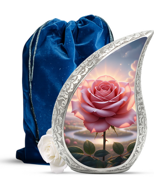 Personalized Pink Rose Cremation Urn – Custom Floral Memorial Urn for Ashes, Elegant Teardrop Aluminum Adult Urn, 10 Inch