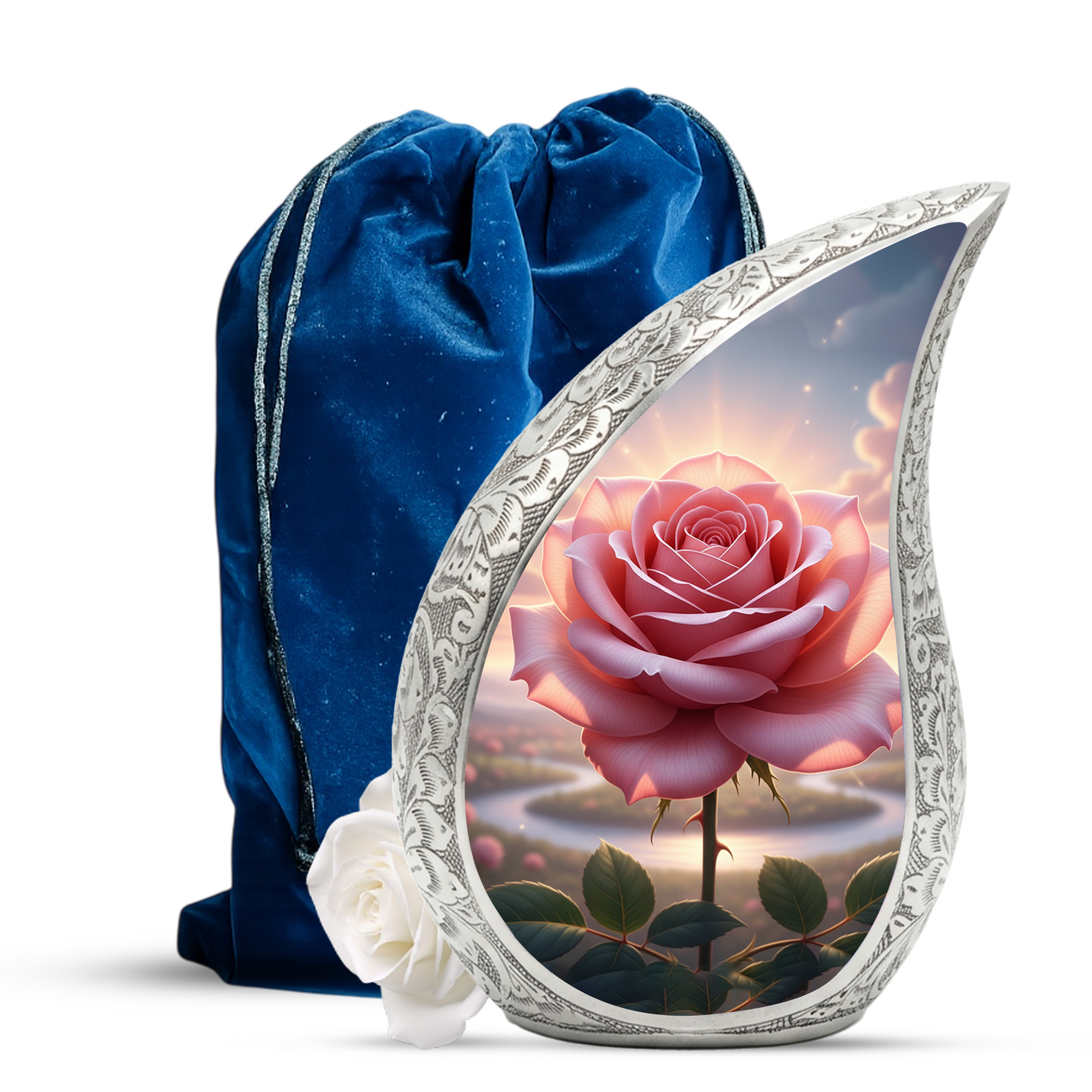 Personalized Pink Rose Cremation Urn – Custom Floral Memorial Urn for Ashes, Elegant Teardrop Aluminum Adult Urn, 10 Inch