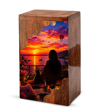 Sunset Balcony Wooden Cremation Urn – Peaceful Evening Memorial Urn with Ocean View Artwork
