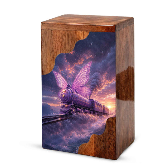 Butterfly Train Wooden Cremation Urn for Human Ashes