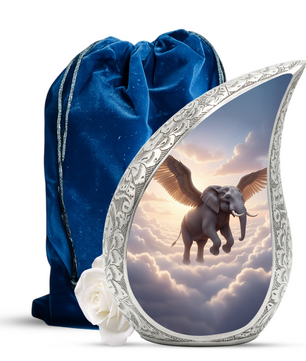 Heavenly Elephant Personalized Cremation Urn – Teardrop Memorial Urn for Ashes | 10 Inch Aluminum Adult Urn
